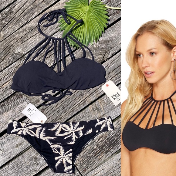 BILLABONG Set - Black Pebble High Neck Caged Bikini Top & Hawaii Lo Bottom - L/M